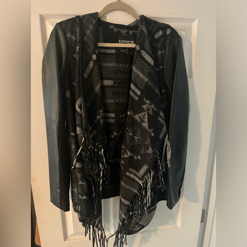 Express Aztec print hooded open jacket with leather sleeves